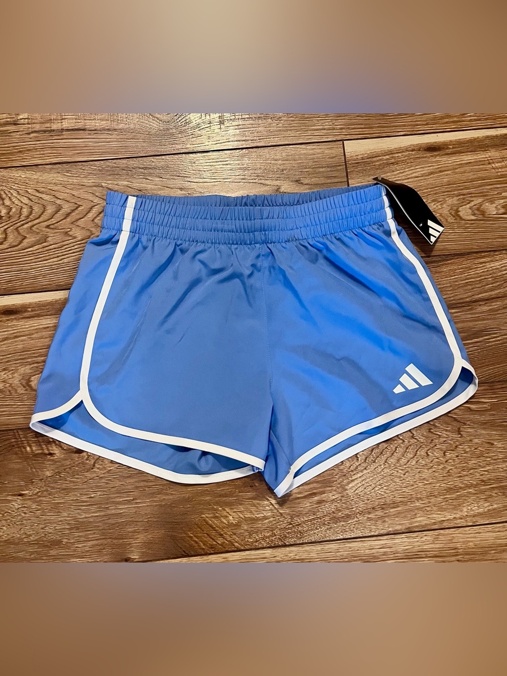 adidas Girls Light Blue Athletic Running Shorts with White Trim